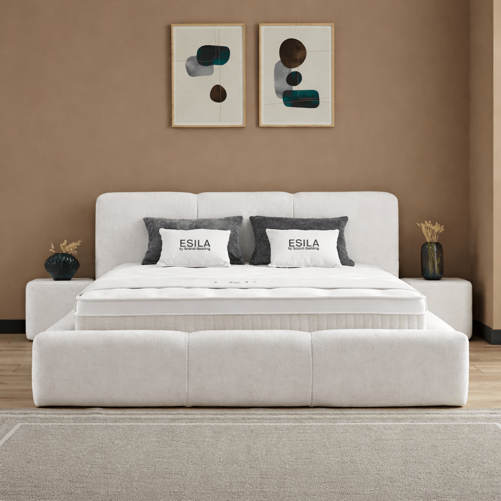 Esila Bed Japandi Design Kopen in kleur Symphony 01 met luxe pocketvering matras en opbergruimte.