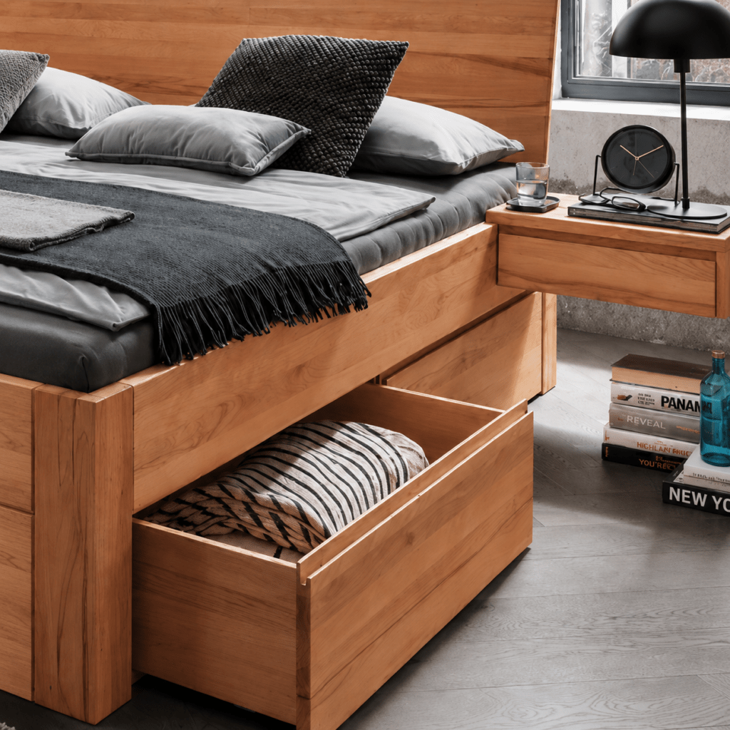 Optioneel zwevend eikenhouten nachtkastje gemonteerd aan het Cleveland bedframe