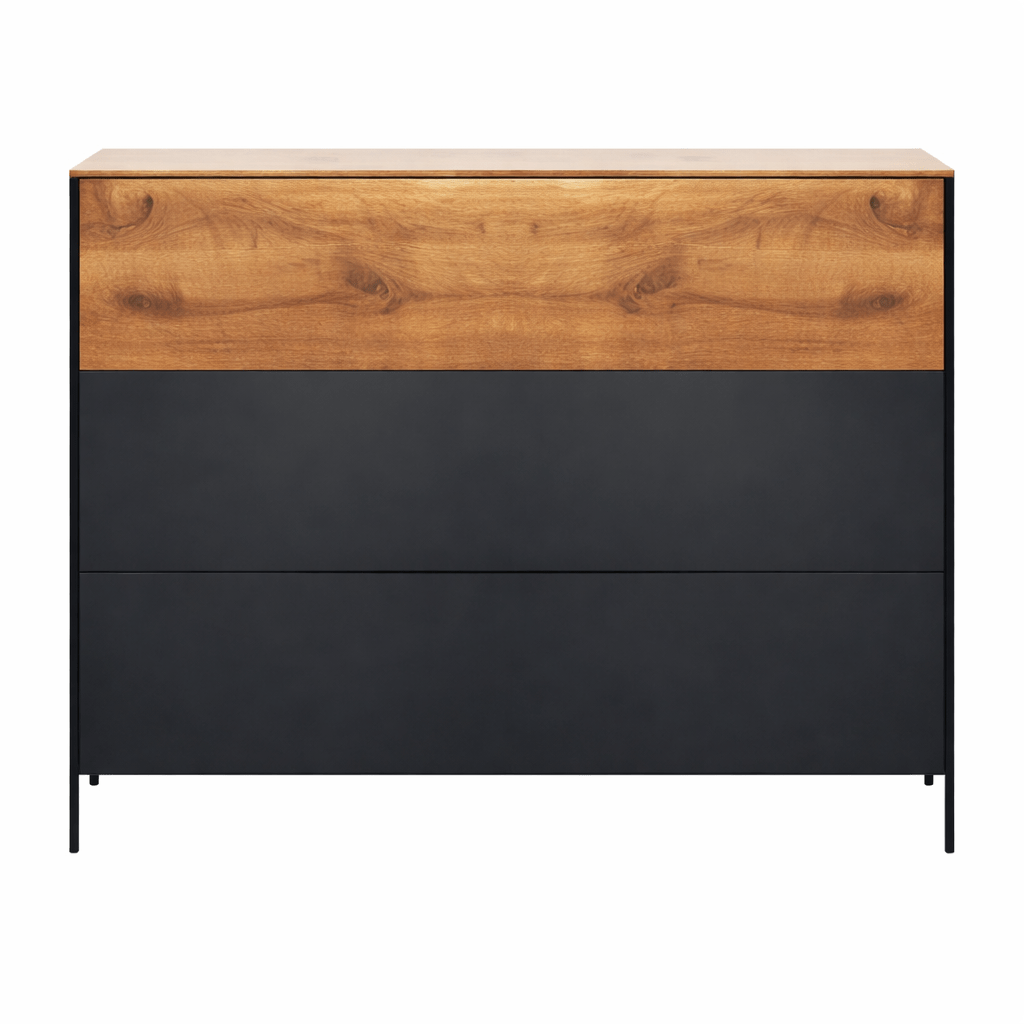 Forestales Boston Commode I met antracietglas fronten en metalen poten.