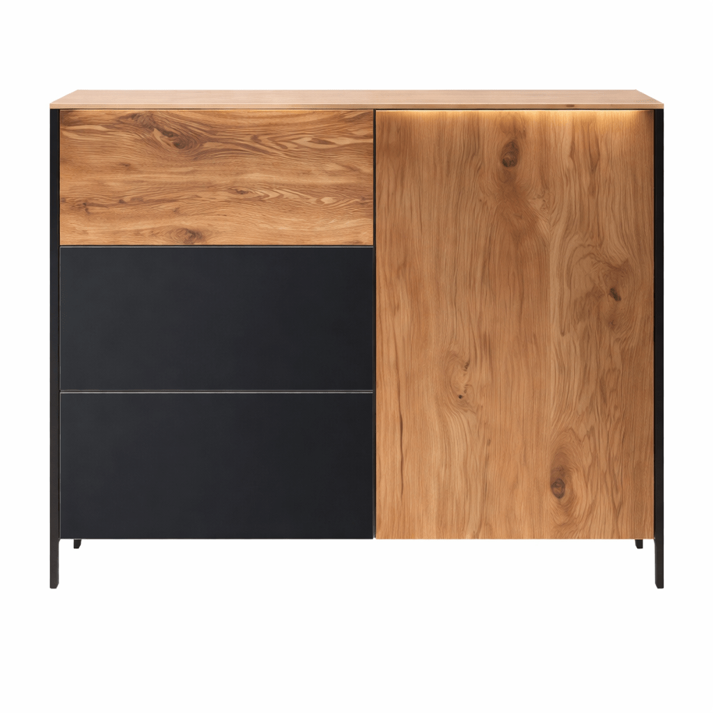 Moderne Forestales Boston Commode II met antracietglas fronten en houten accenten.