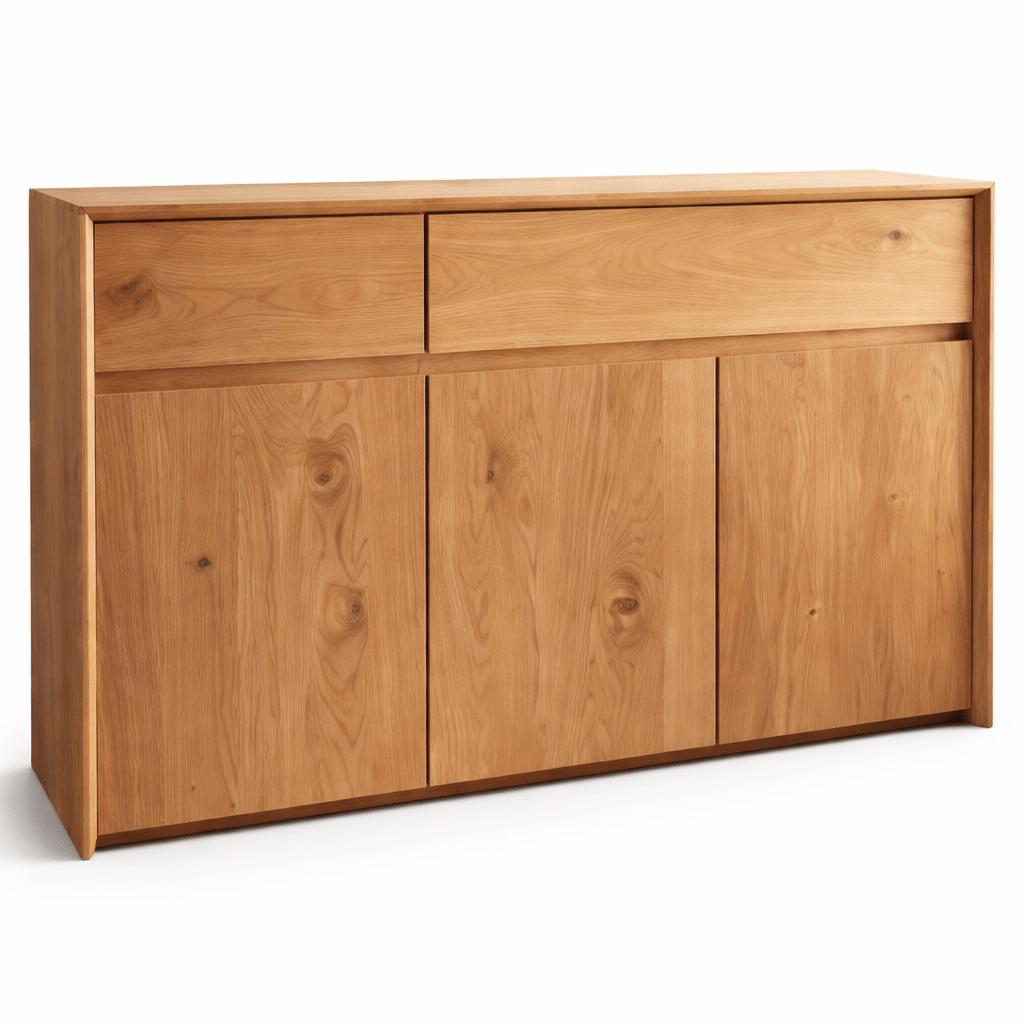 Vooraanzicht van de geoliede wild eiken ladekast Oklahoma III met 3 deuren.