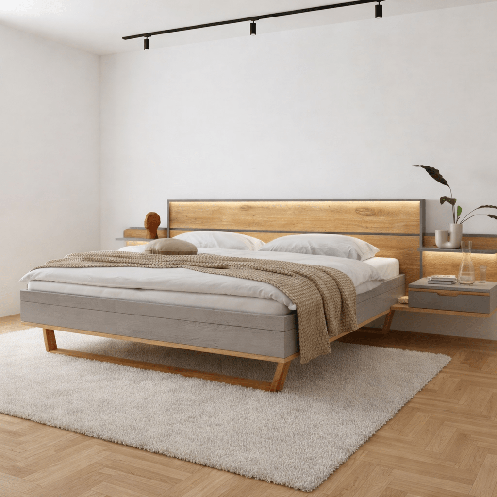 Zijaanzicht van de 21 cm hoge bedzijde van het grijze Forestales bed.