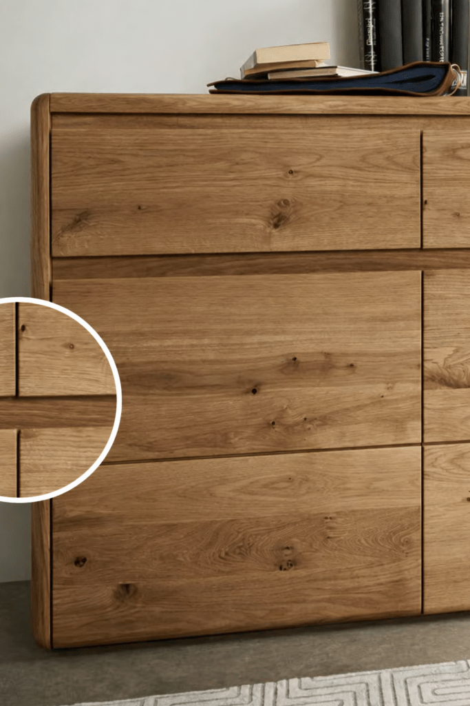 Vooraanzicht van de geoliede wild eiken Camano kast met 3 deuren.