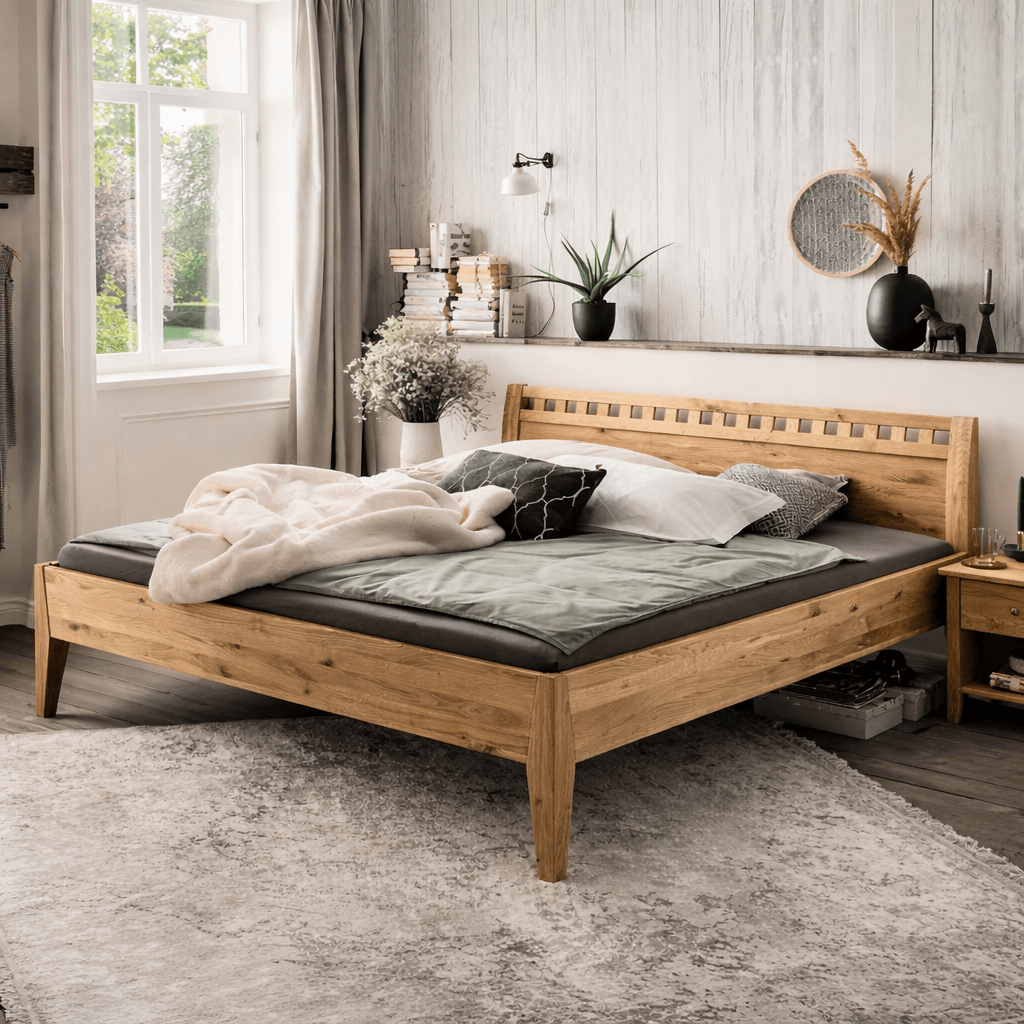 Forestales Ledikant Modesto in Stabverleimt wild eiken met modern hoofdbord.