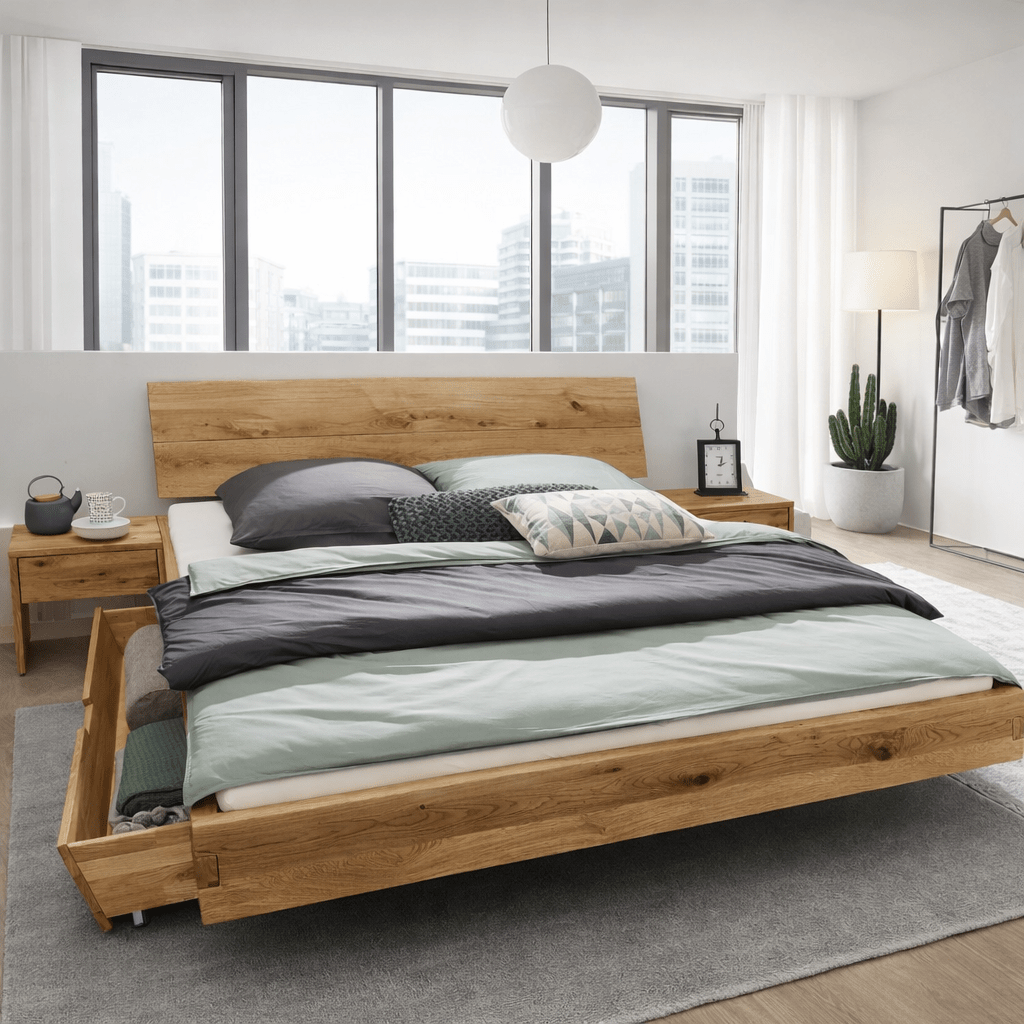 Forestales Navarra Massief Houten Zweefbed in wild eiken met zweefpoten.