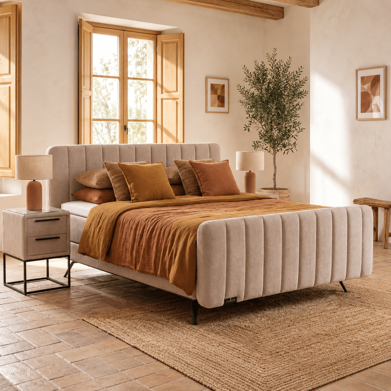 caresse boxspring 3460 vlak met in banen gestoffeerd hoofd en voetbord