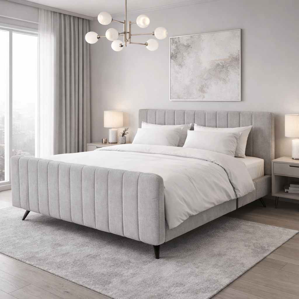 De complete Caresse 3410 Elektrisch boxspring met gestoffeerd hoofdbord in banen.