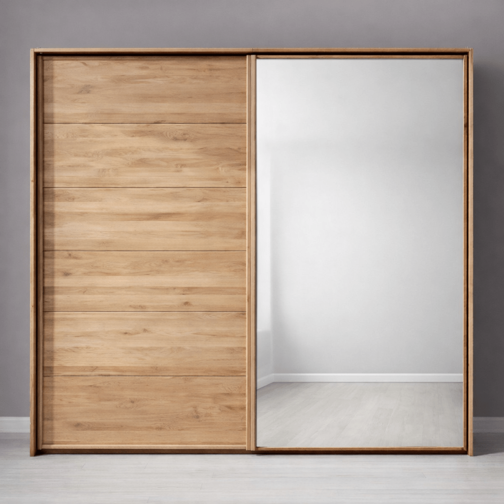 Ruimtebesparende Forestales Woodview zweefdeurkast met grote spiegelfronten.