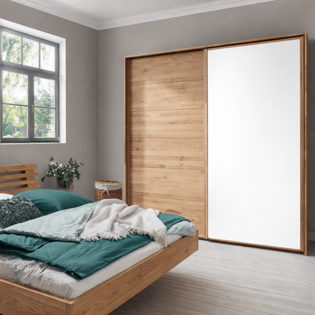 Moderne Woodside zweefdeurkast van 300cm breed in een sfeervolle slaapkamer.