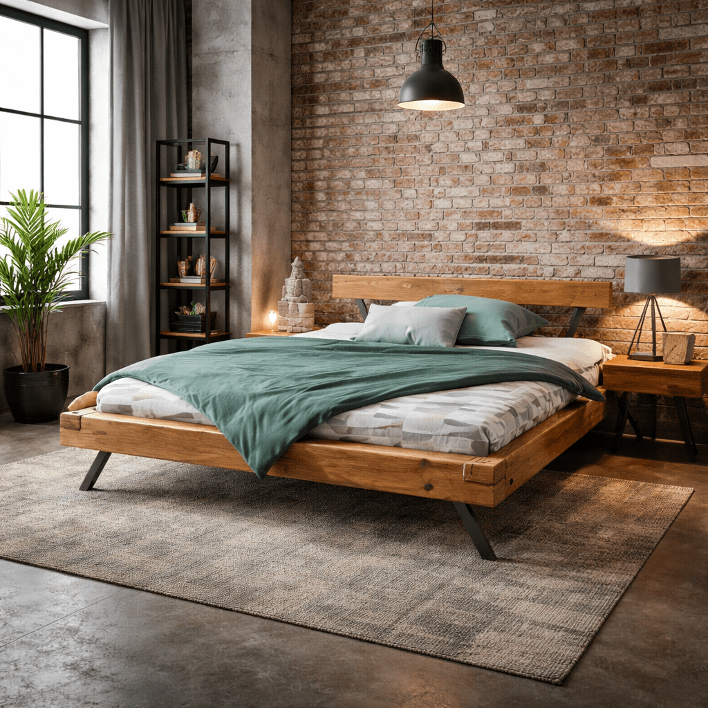 Het industriële Woodbury Massief Eiken Balkenbed met robuuste zwarte stalen poten.