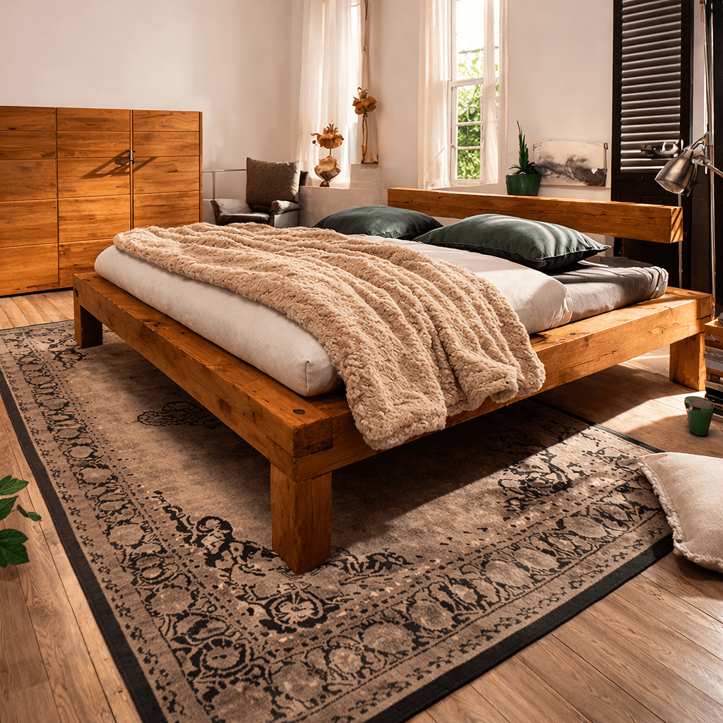 Het natuurlijke TPT Mobel Balkenbed WOODSTOCK van massief wild eikenhout.