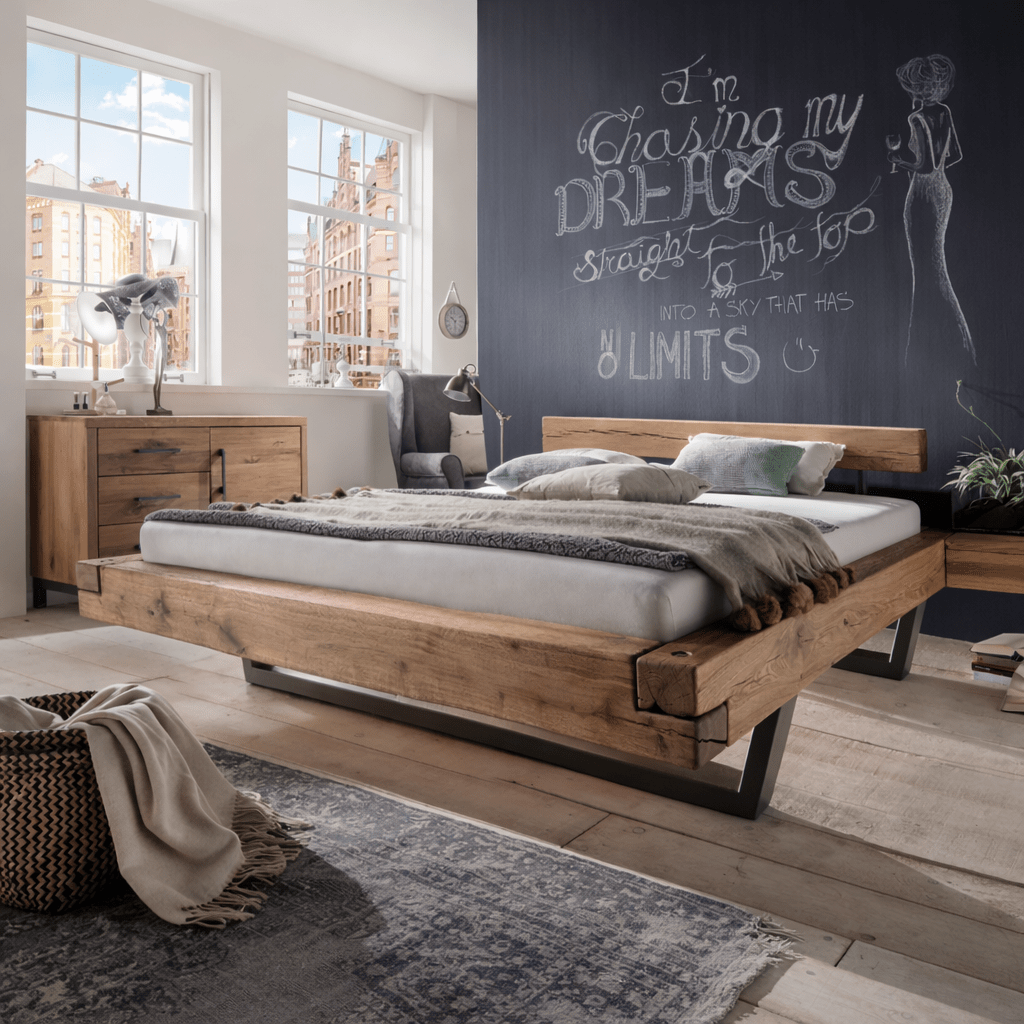 Het industriële Woody Massief Eiken Ledikant met metalen sledepoten.