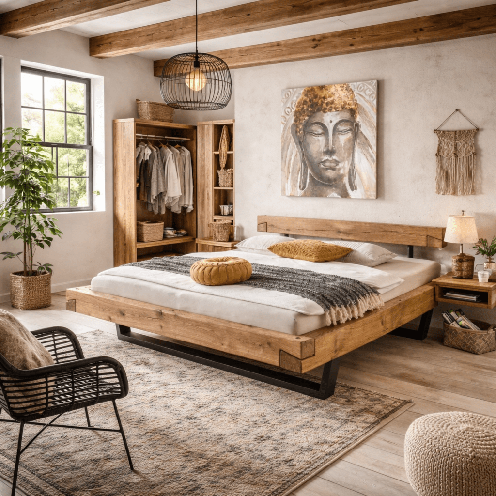 Het Woodcrest Massief Eiken Ledikant met zwarte industriële sledepoten.