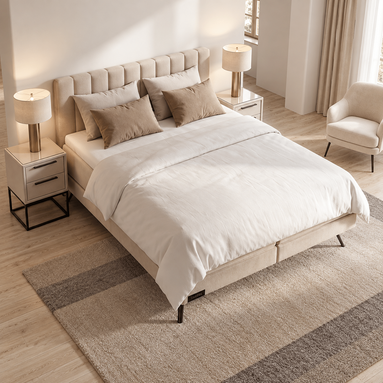 caresse boxspring 3450 vlak sfeerfoto luxe slaapkamer