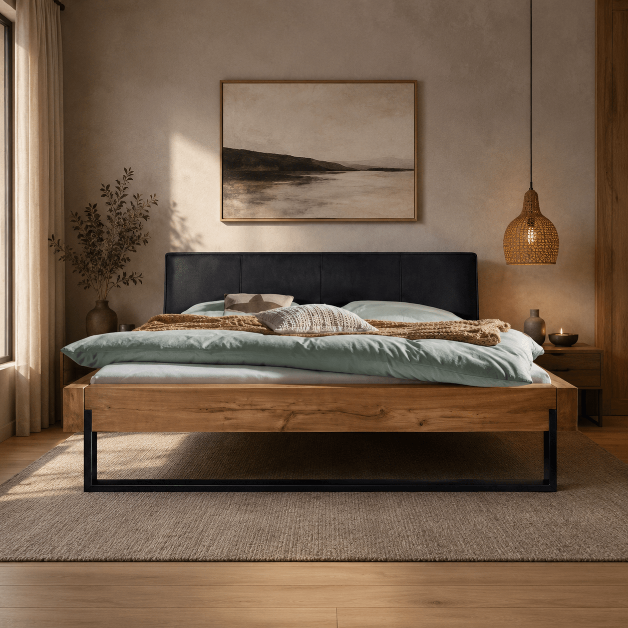 Van Schaik Jonas Eiken Balkenbed met wild eiken balken en antraciet hoofdbord