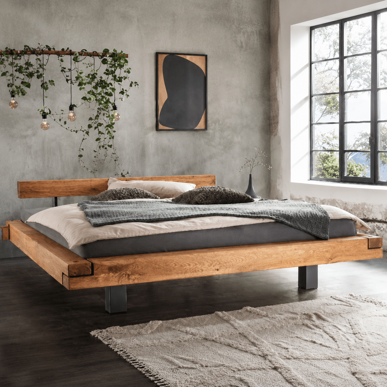 Van Schaik Mara Eiken Balkenbed op vier zwarte houten poten