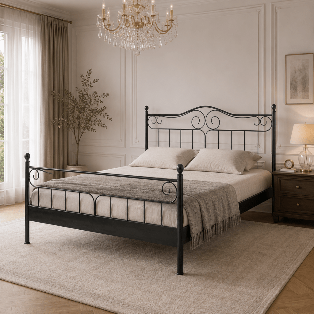 Detail van de romantische krullen en afwerking van het Nexo bed