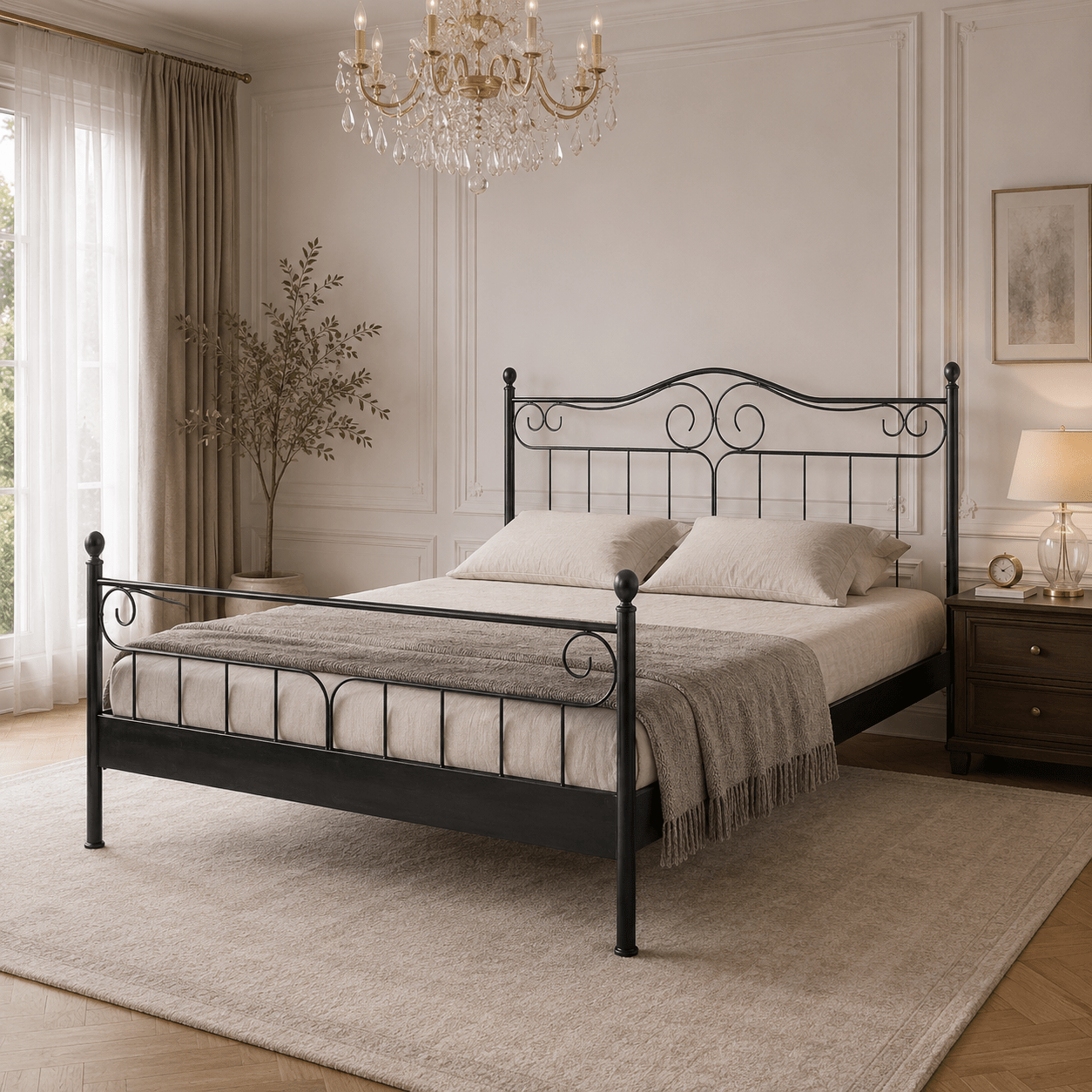 Detail van de romantische krullen en afwerking van het Nexo bed