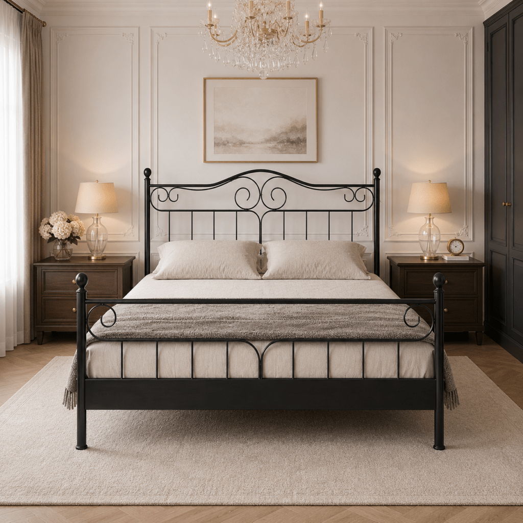 Sierlijk Van Schaik Nexo metalen bed in een romantische slaapkamer