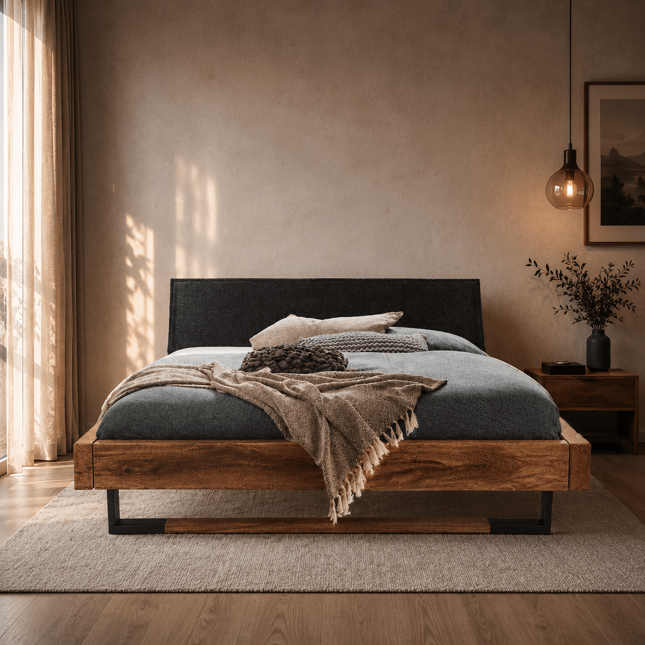 Van Schaik Noah Eiken Balkenbed met wild eiken balken en antraciet hoofdbord