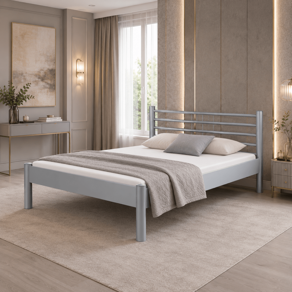 Eigentijds Van Schaik Portofino metalen bed in een moderne slaapkamer