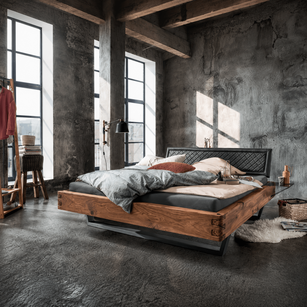 Runa Eiken Balkenbed met stoere wild eiken balken en antraciet sledepoten