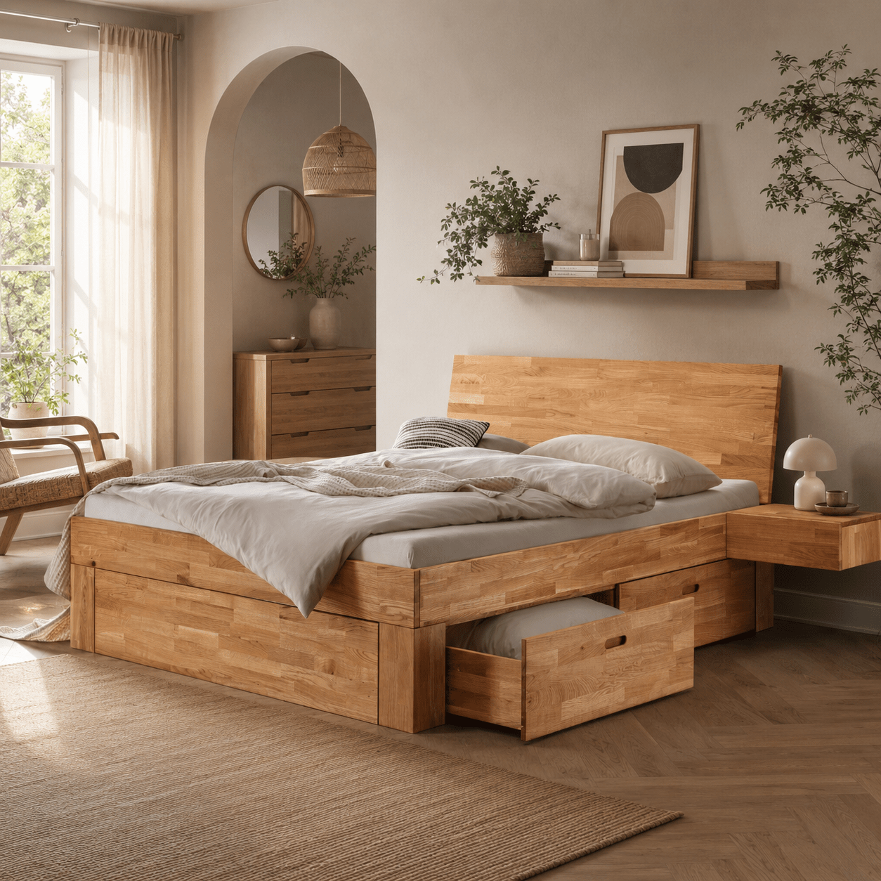 Van Schaik Nordic Massief Houten Ledikant met uitgetrokken bedlade op wieltjes in een lichte slaapkamer.