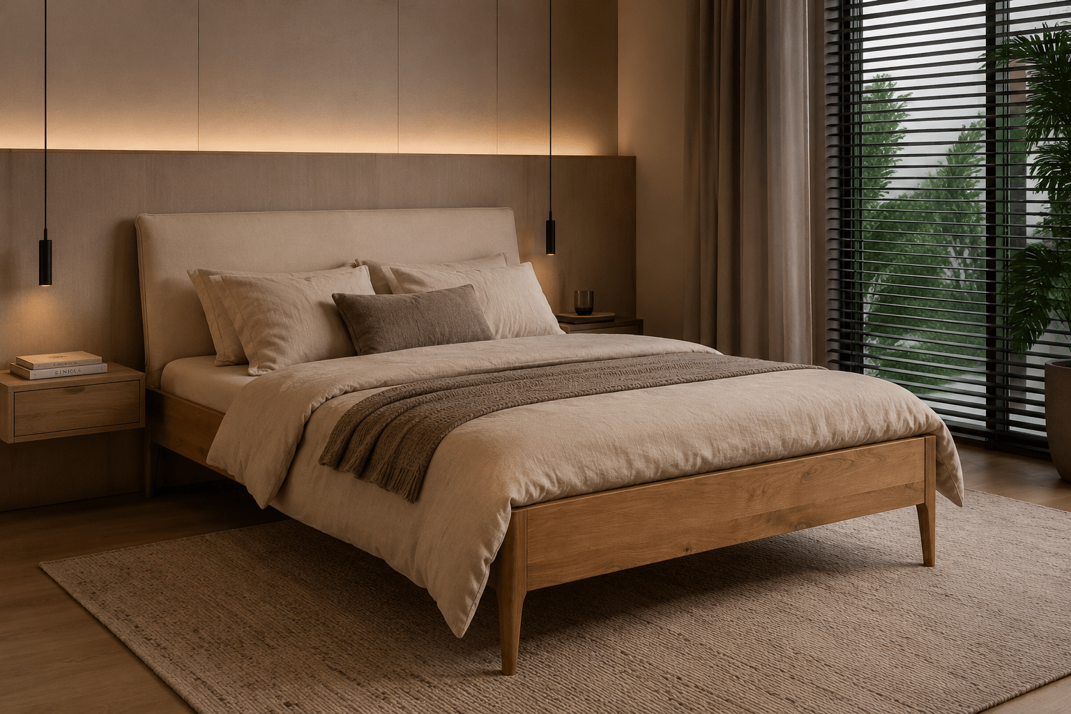 Van Schaik Svenn Houten Ledikant van wild eiken met een beige ribstoffen corduroy hoofdbord in een lichte slaapkamer.