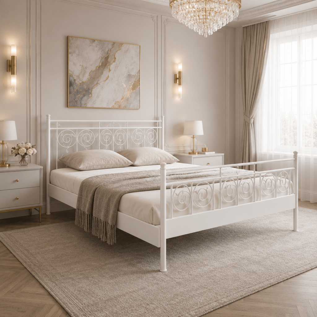 Zijaanzicht met specificaties van het Van Schaik Toscane metalen bed