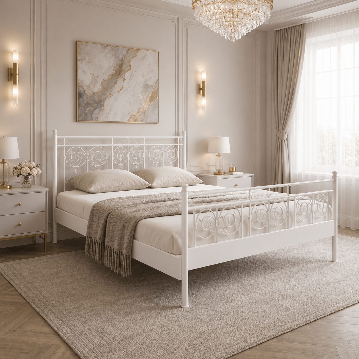 Zijaanzicht met specificaties van het Van Schaik Toscane metalen bed
