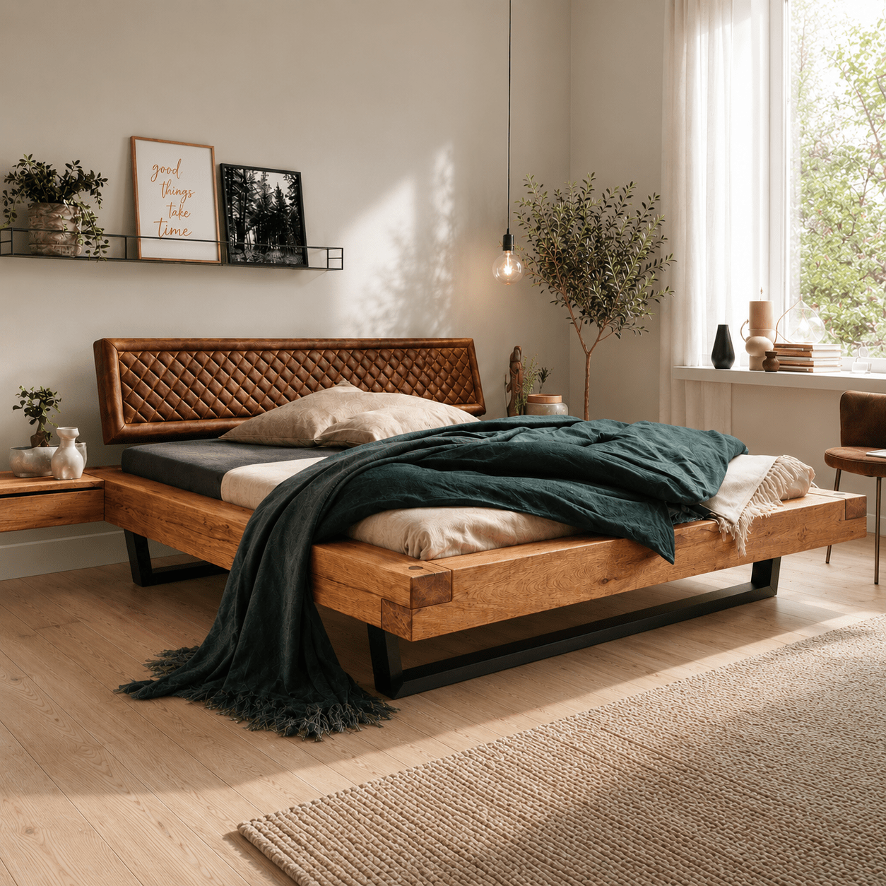 Van Schaik Emma Eiken Balkenbed met wild eiken frame en bruin hoofdbord