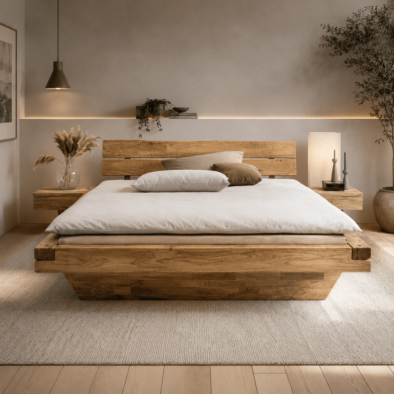 Van Schaik Milan Eiken Balkenbed met zwevend houten onderstel