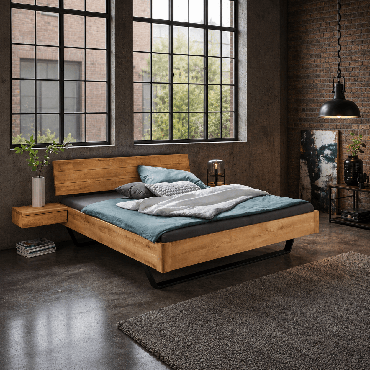 Van Schaik Flair Massief Eiken Balkenbed met metalen sledepoten en robuust houten hoofdbord in een moderne slaapkamer.