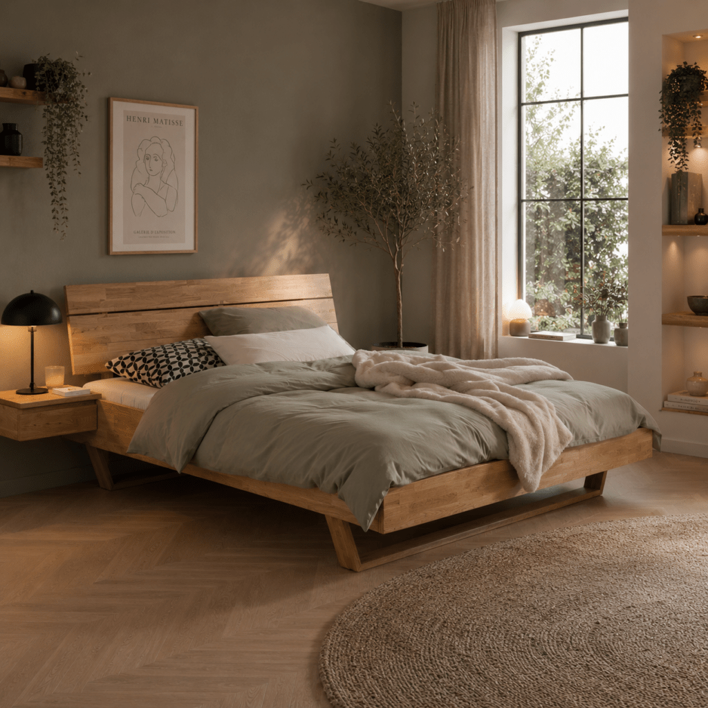 Het Van Schaik Rivero Massief Houten Ledikant van wild eikenhout met een zwevend effect in de slaapkamer.