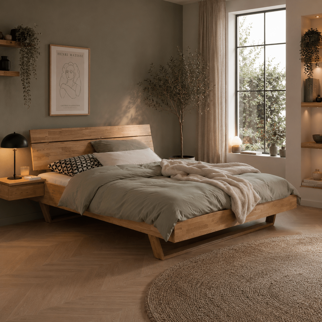 Het Van Schaik Rivero Massief Houten Ledikant van wild eikenhout met een zwevend effect in de slaapkamer.