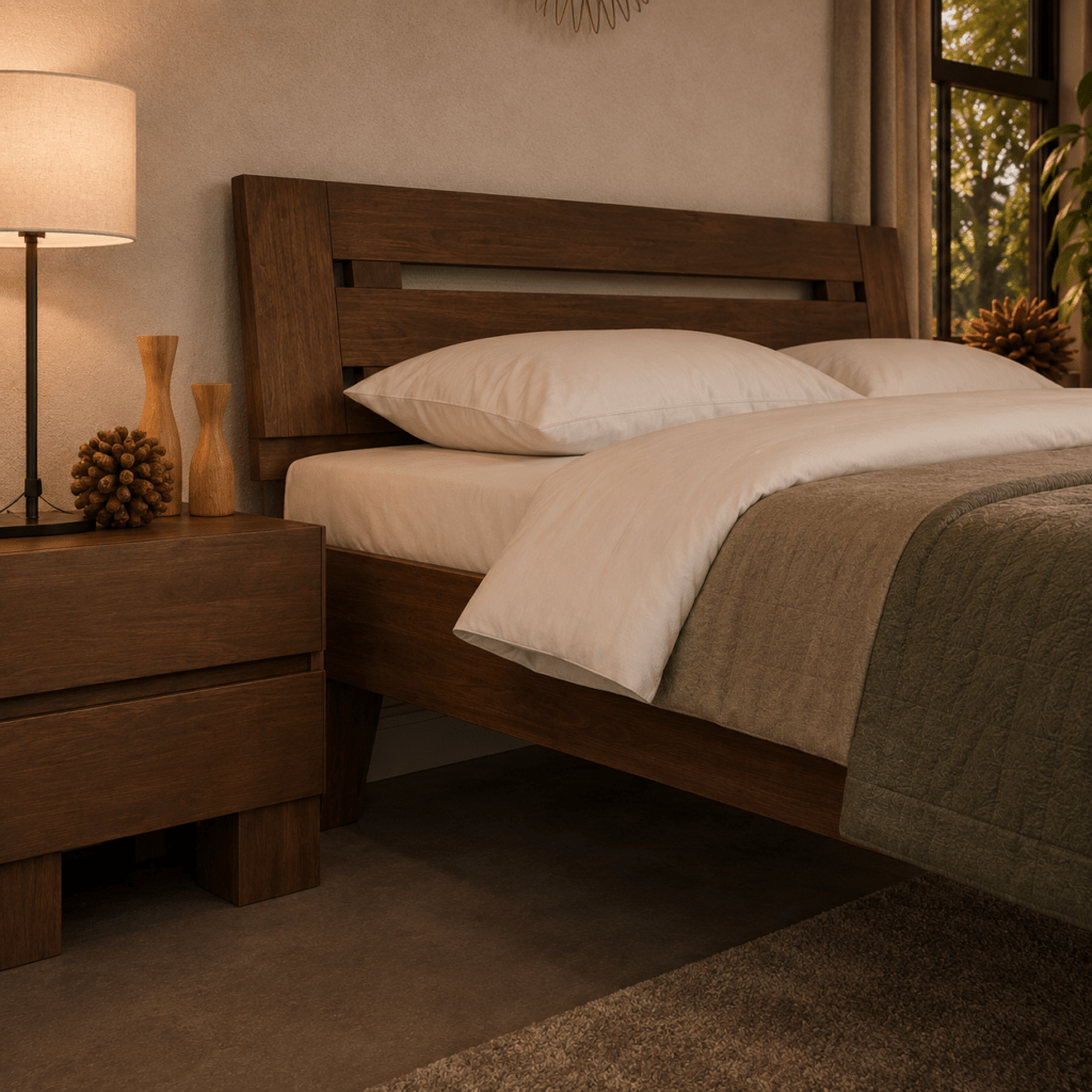 Zijaanzicht met specificaties van het Van Schaik Celesto massief houten bed