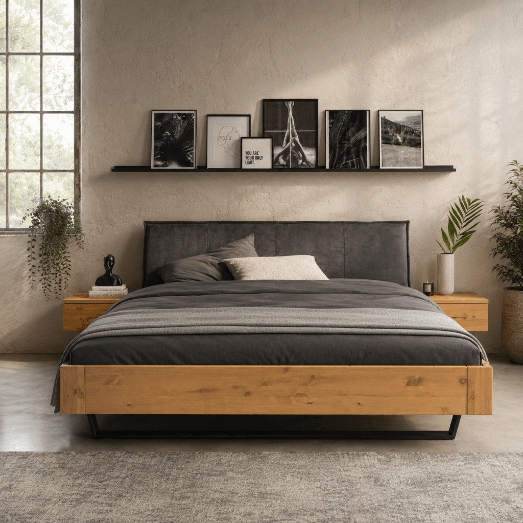 Warm industrieel houten bed kopen van het merk Van Schaik Rovano