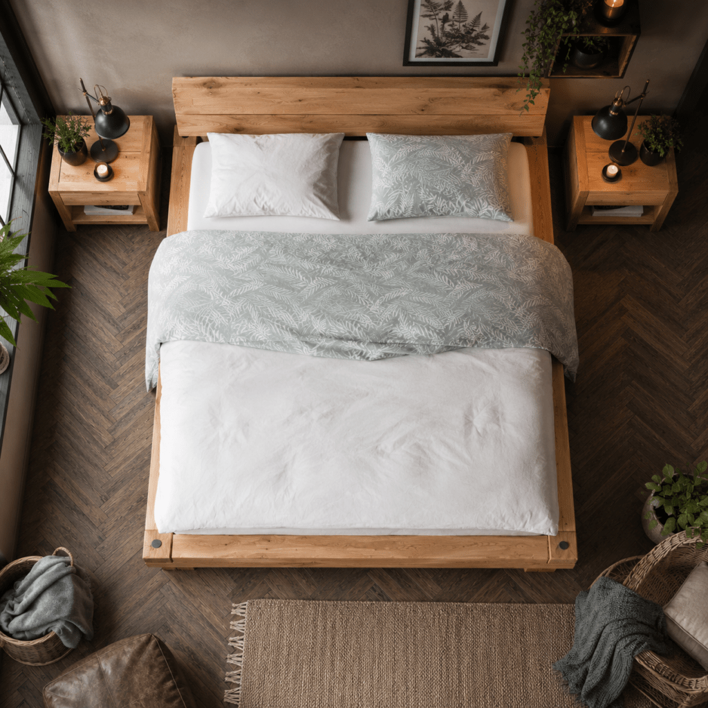 Zijaanzicht van de stabiele constructie van het massief eiken balkenbed.