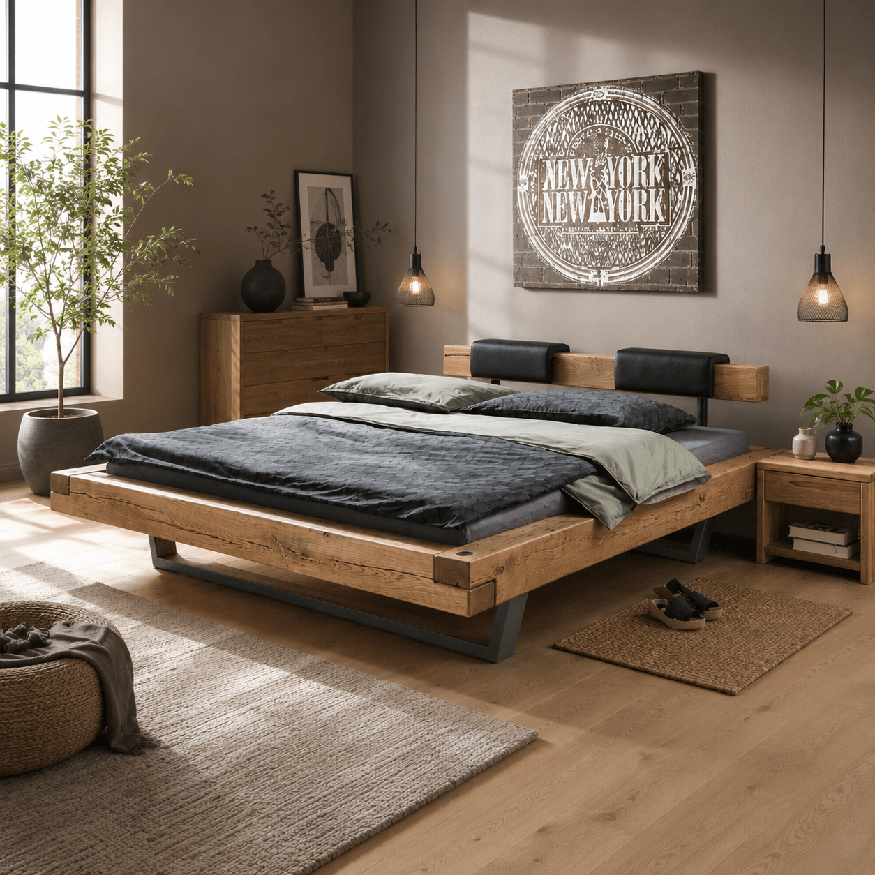 Detail van het houtnerf en de afwerking van het massief eiken balkenbed.