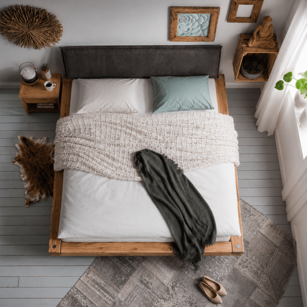 Zijaanzicht van het robuuste massief eiken balkenbed met houten poten.