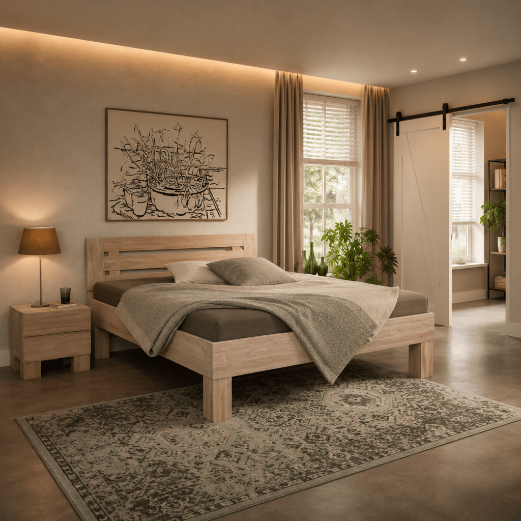Sfeervol Van Schaik Vellano massief houten bed in een modern interieur
