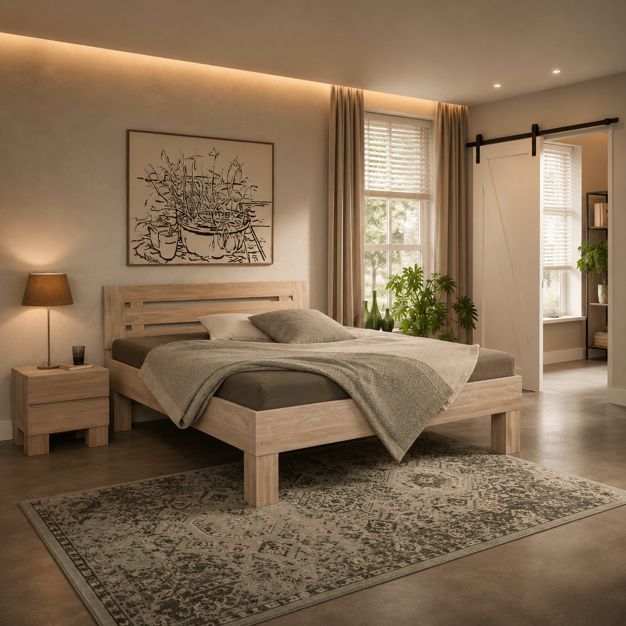 Sfeervol Van Schaik Vellano massief houten bed in een modern interieur