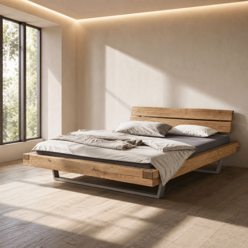 Het bijpassende hoofdbord Balke III Baumkante bij het massief eiken balkenbed.