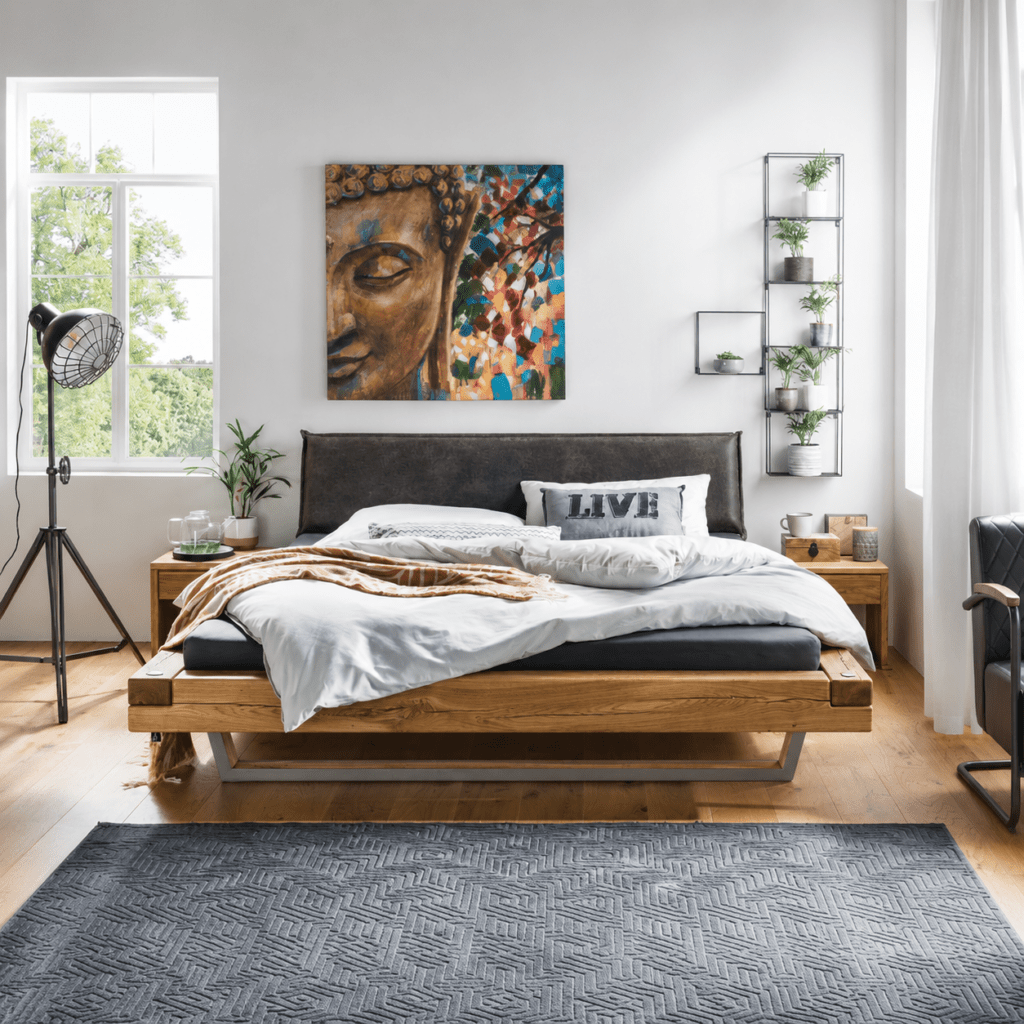 Een robuust massief eiken balkenbed van Van Schaik in een natuurlijke slaapkamer.