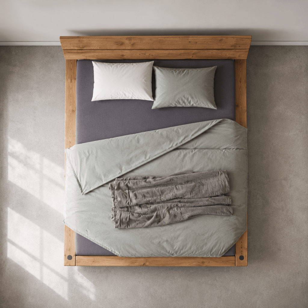 Sfeervolle slaapkamerinrichting met een massief eiken balkenbed.