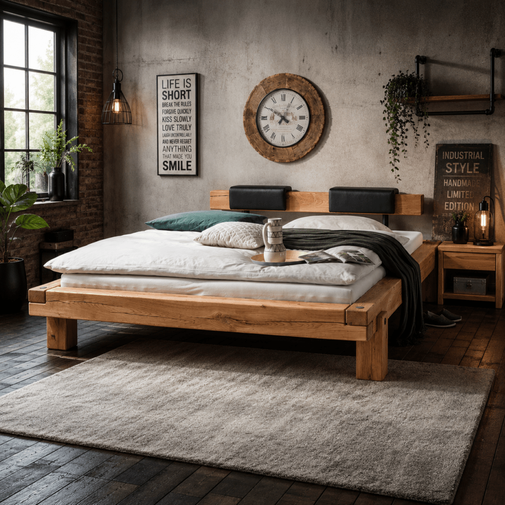 Zijaanzicht van het robuuste massief eiken balkenbed met houten poten.