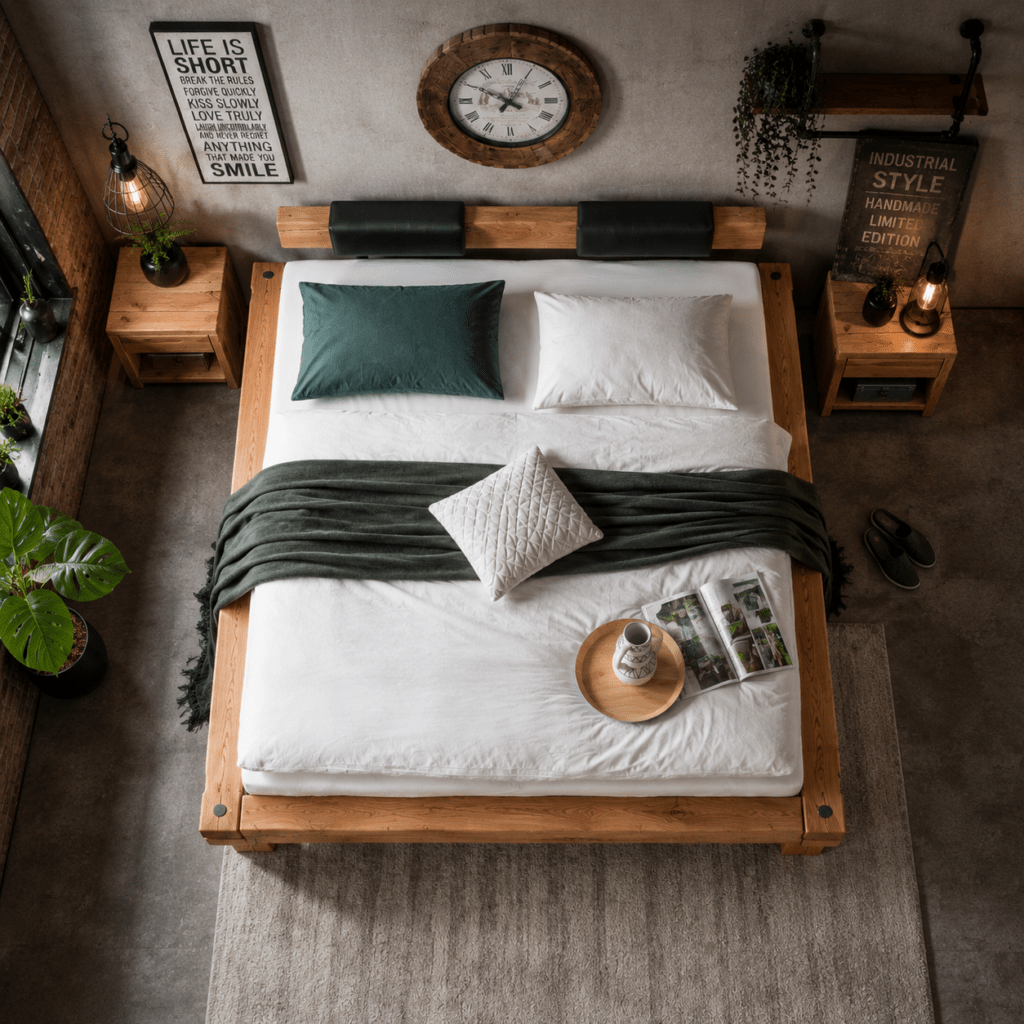 Sfeervolle opstelling van een eikenhouten bed in een moderne slaapkamer.