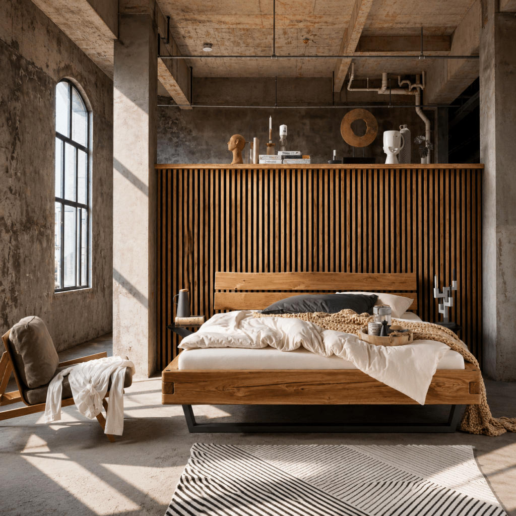 TPT Möbel Caelum Massief Eiken Balkenbed sfeerbeeld in moderne slaapkamer