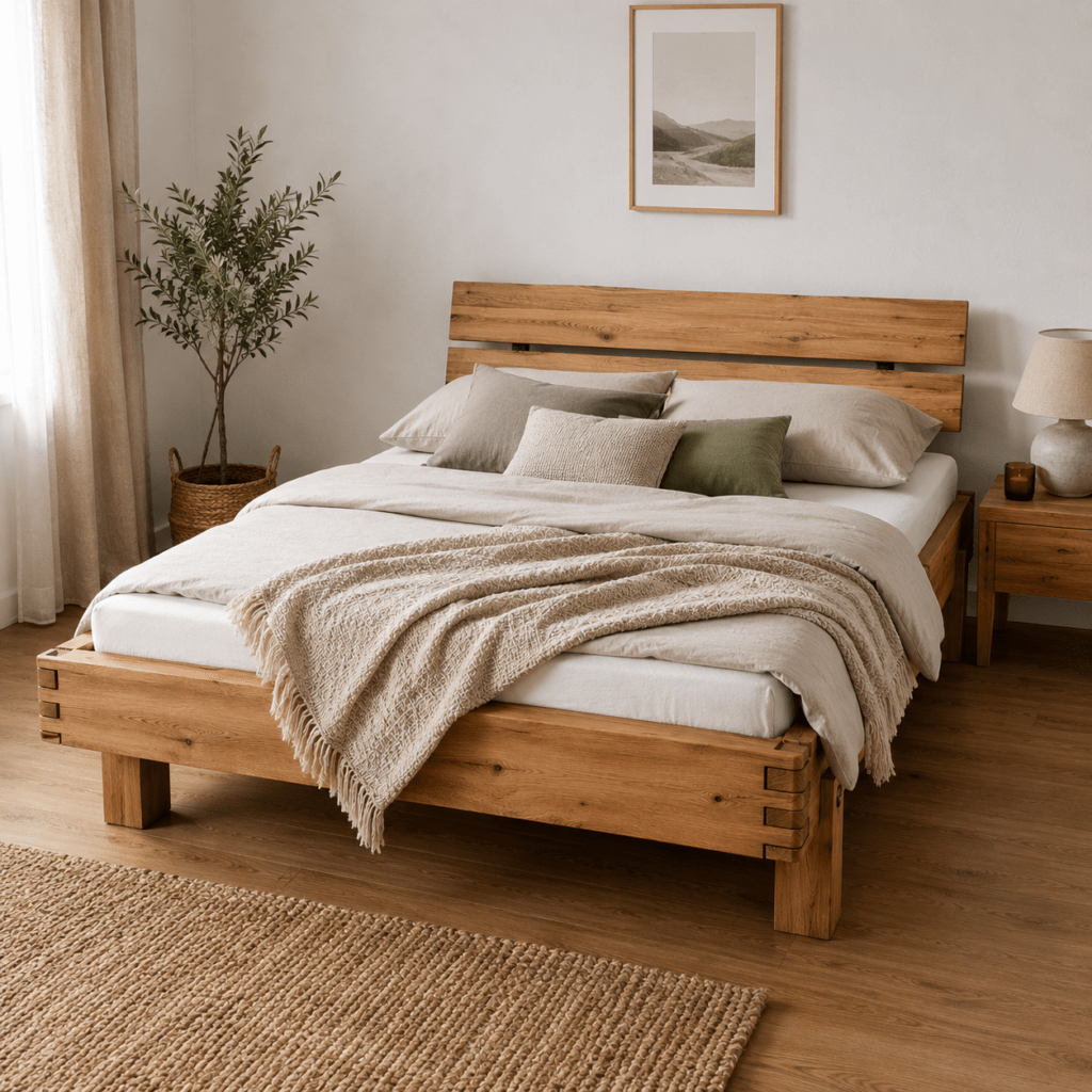 Van Schaik Stavor Massief Eiken Balkenbed sfeerbeeld in moderne slaapkamer