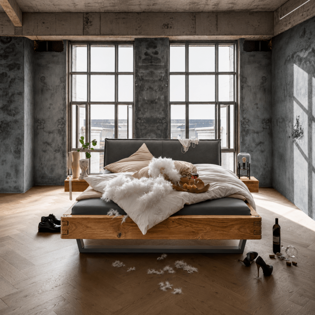 TPT Möbel Jorund Massief Eiken Balkenbed sfeerbeeld in moderne slaapkamer